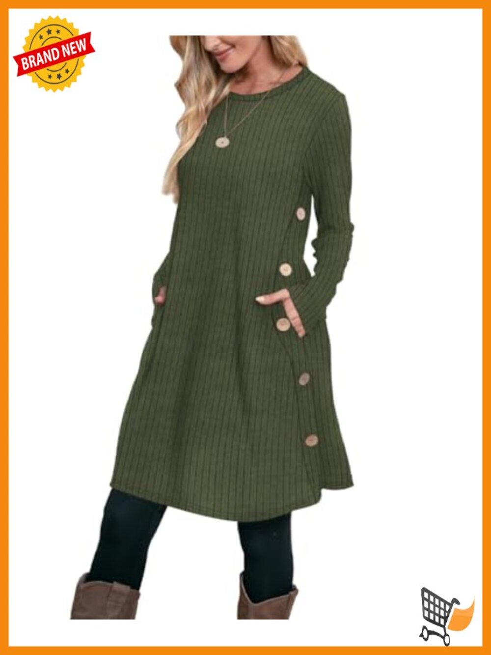 Women's Crew Neck Long Sleeve Dress with Pockets Button Detail Ribbed Knit